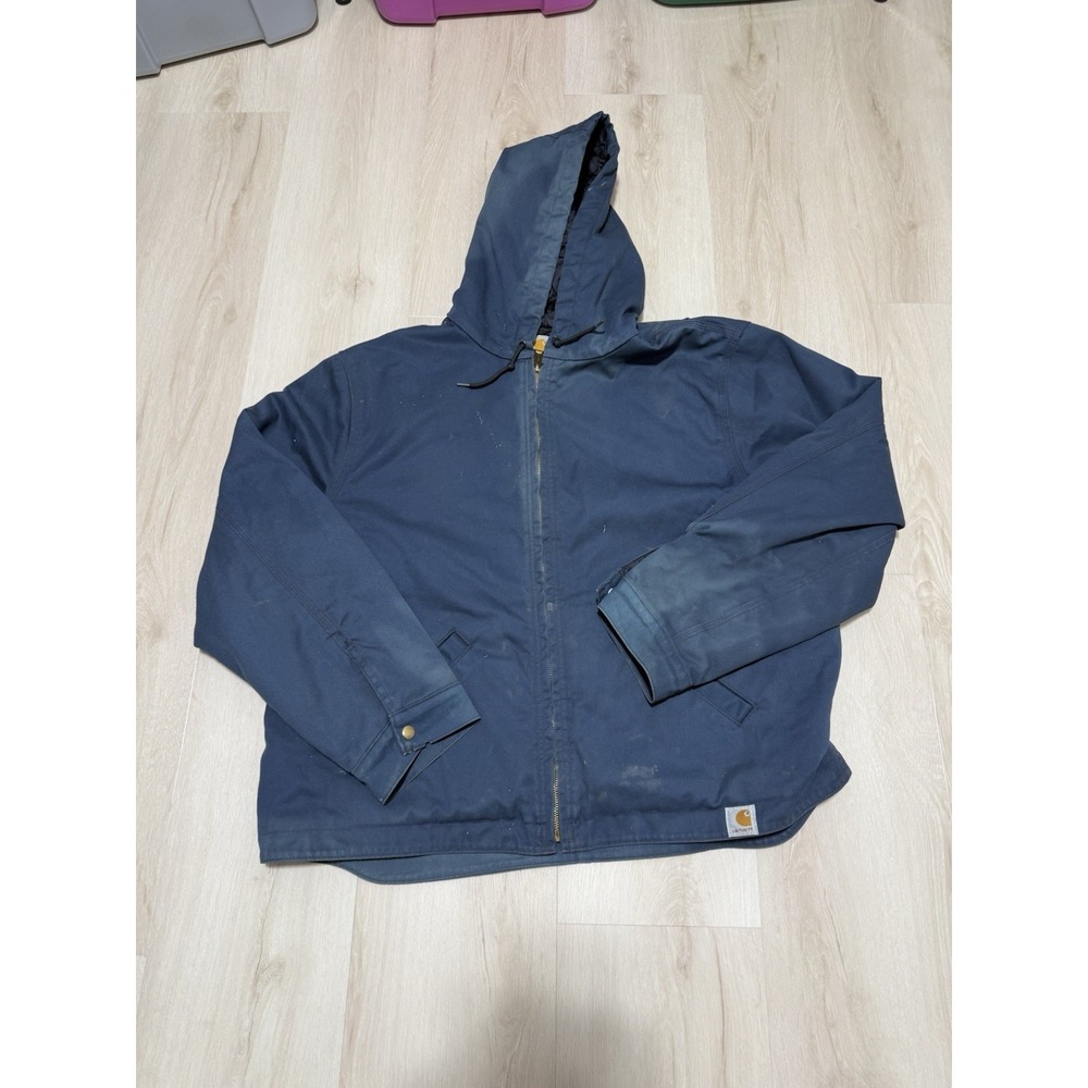 Carhartt Hooded Work Jacket Full Zip Up Quilted 101052 Men's 2XL Navy Blue